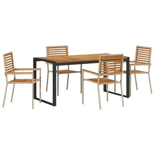 Image of HGPOTUY Rectangular 5 Piece Garden Dining Set with Poly Rattan and Solid Acacia Wood, Beige and Brown Outdoor Dining Set for Patio Terrace