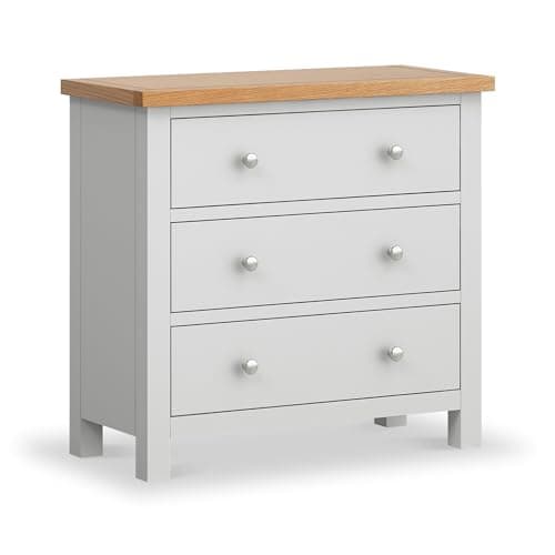 Image of RoselandFurniture Farro Grey Small Storage Chest of Drawers for Bedroom Fully Assembled Contemporary Painted Solid Wood 3 Drawer Unit with Oak Top
