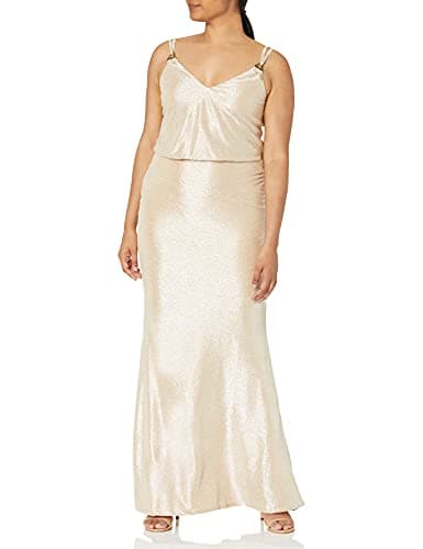 Image of Calvin Klein Women's Sleeveless V Neck Blouson Gown - Metallic - 8