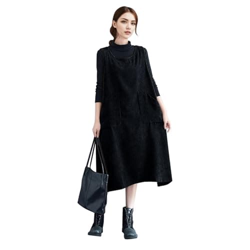 Image of Runstarshow Corduroy Dress for Women Ladies Pinafore Dresses Oversized Sleeveless Cord Dress with Pockets Loose Fitting Cute Fall Winter Spring Clothing Plus Size M-XXL Black
