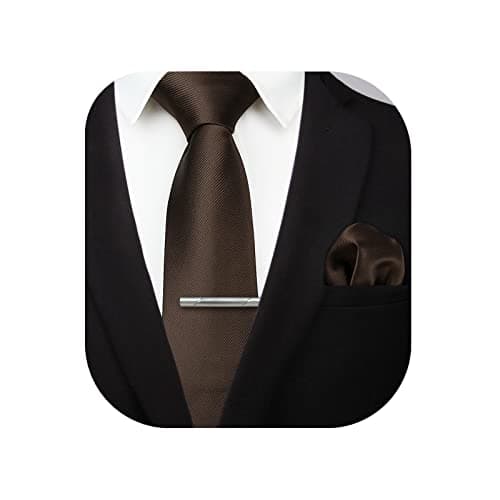 Image of HISDERN Brown Solid Color Wedding Tie and Pocket Square, Classic Tie Clip Set for Men-Multiple Colors