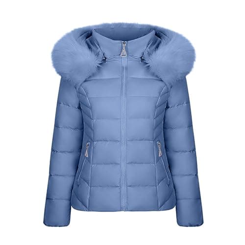 Image of Puffer Coat for Women UK Cropped Puffer Jacket with Fur Hood Quilted Jacket Hooded Padded Coat Outdoor Down Bubble Coats Zip Up Casual Jackets Warm Coats Thermal Outerwear Outdoor Down Jackets