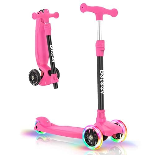 Image of BELEEV A3 Scooter for Kids Ages 3-12, 3 Wheel Scooter for Girls Boys, Kid Scooters with Light-Up Wheels, 5 Adjustable Height, Lean to Steer, Extra-Wide Deck(Hot Pink)