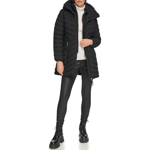 Image of DKNY Women's Bib-Front Light-Weight Puffer Fleece Jacket, Black, M