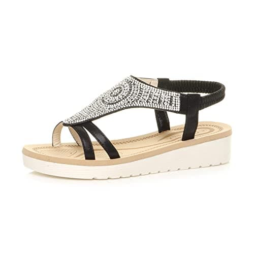 Image of Ajvani Womens Ladies Low Wedge Heel Flatform Diamante t-bar Slingback Sandals - Black - 5 UK