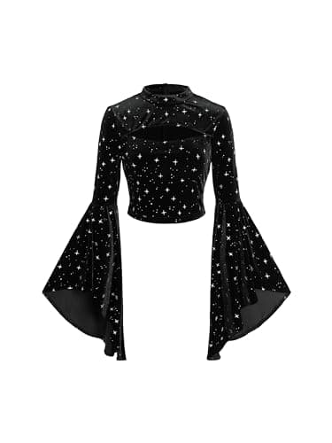 Image of CIDER Velvet Star Pattern Bell Sleeve Crop Top, Black, Large