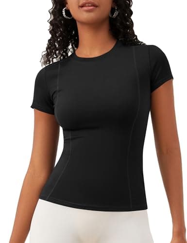 Image of IECCP Black Sport Tshirt Womens Workout Tops for Running Women's Short Sleeve Gym Shirts Stretch Breathable Athletic Base Layer Basic Top M