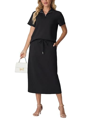 Image of GRECERELLE Tracksuit Womens Full Set Summer Lounge Wear Sets for Women Two Piece Outfits Short Sleeve Half Zip Casual Pullover Tops and Elastic Waist Midi Skirt with Pockets (Black, L)