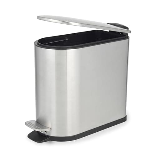 Image of Beldray Bathroom Pedal Bin – 5 Litre Small Bathroom, Soft Closing Lid with Pedal, D-Shaped Sanitary Waste Bin for Bedroom, Office, Kitchen, Space-Saving, Stainless Steel, Silver