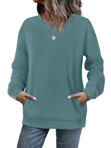 Image of WIHOLL Sweatshirts for Women Jumpers Ladies Oversized Tops Crewneck Long Sleeve Tops with Pocket Blue Size 14-16