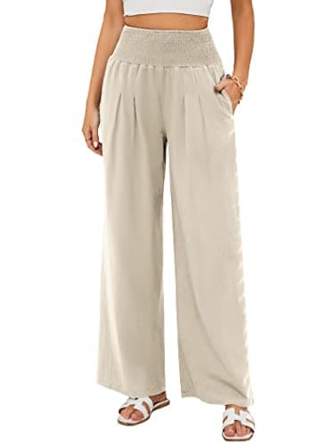 Image of Famulily Womens Linen Trousers Bohemian Style Summer Beach Wide Leg Pants with Pockets Beige L