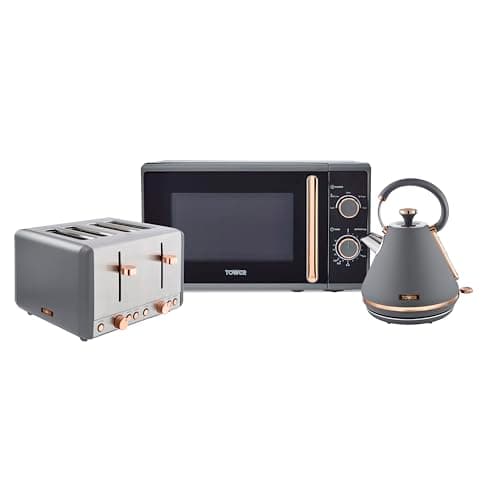 Image of Tower Cavaletto Kitchen Set, 1.7L Rapid Boil Kettle & 4 Slice Toaster & 20L Manual Microwave, Grey and Rose Gold, T10044RGG, T20051RGG, T24038RGG