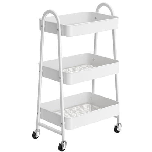 Image of StowBin 3 Tier Metal Storage Trolley with Wheels – Rolling Utility Cart with Handle and Mesh Shelves for Kitchen, Bathroom, Office – White