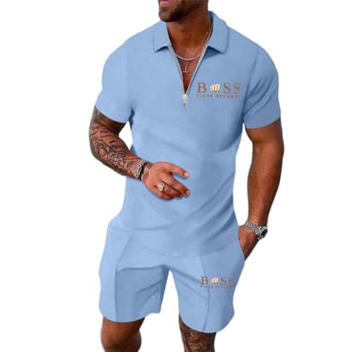 Image of Men's Tracksuit Polo Shirt & Shorts 2 Pieces Boss Flexx Apparel Men's 2-Piece Activewear Short Sleeve Polo Shirt and Shorts Set Casual Sportswear Zip-Up Top with Pocketed Pants (Light Blue-1, 3XL)