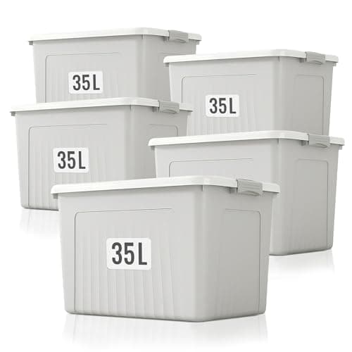 Image of Froppi 5 x 35 Litre Premium Useful Plastic Storage Box with Lockable Lid | Stackable | Grey | L49 W35 H26 cm | 5 Pack
