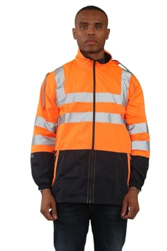 Image of Kross Style® Mens High Visibility Reflective Safety Rain Jacket, Adults Hi-Viz Stripes Lightweight Waterproof Workwear Outdoor Construction, Zip-Up Coat (Orange, XXL)