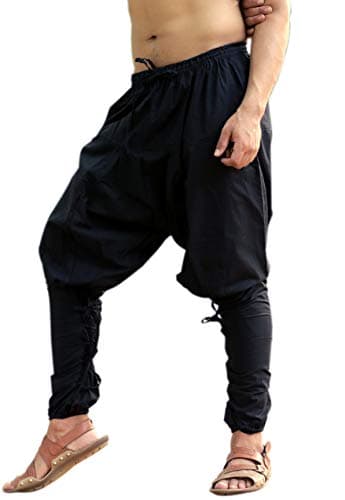 Image of SARJANA Men's Cotton Harem Pants Tie Ankles Yoga Baggy Boho Drop Crotch Trouser with Pockets Free Size (UK, Alpha, One Size, Regular, Regular, Free Size Fits to All (up to 44 Inches Waist), Black)