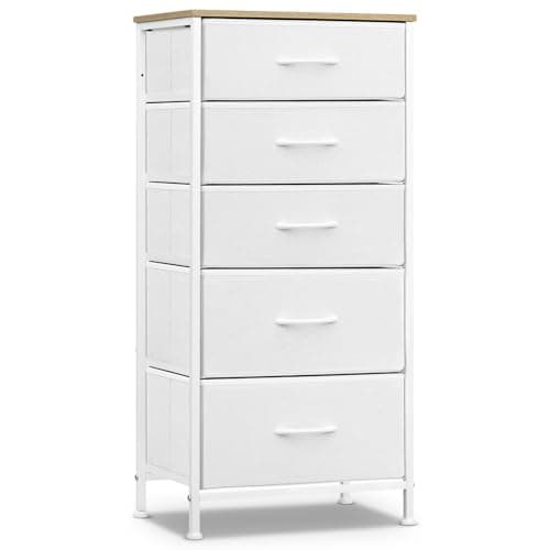 Image of WOLTU Fabric Bedroom Chest of Drawers, 5 Drawer Chest of Drawers, Hallway, Bedroom, Living Room, Cloud White + Beige Oak