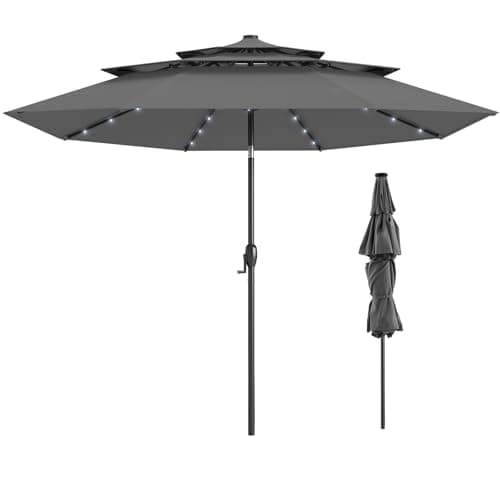 Image of TANGZON 3M Lighted Garden Parasol, 3-Tier Heavy Duty Offset Umbrella with 32 LED Lights, Crank Handle & Tilt Adjustment, Outdoor Cantilever Umbrella Sun Shade Canopy (Grey)