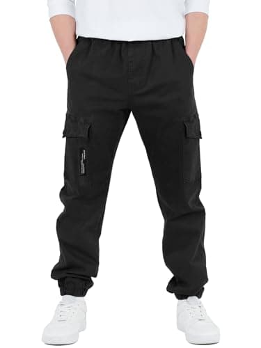 Image of CAMLAKEE Boys Trousers Cargo Pants Kids School Jogging Bottoms Casual Streewear with Elastic Cuffs Black UK:12-13 Years (manufacturers's Size: 160)