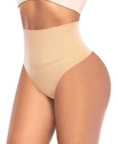 Image of YARRCO Tummy Control Thong Shapewear for Women High Waist Control Knickers Tummy Tucking Thong Knickers Slimming Pants Shaping Underwear Seamless Butt Lifter Panties Body Shaper (Beige,L)