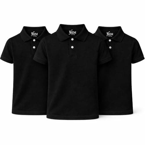 Image of KHIM Unisex Polo Short Sleeve Polycotton Boys Girls School Uniform Plain Half Sleeve Shirts Sports Wear Indoor Outdoor (UK, Age, 7 Years, 8 Years, Regular, Black 3 Pack)