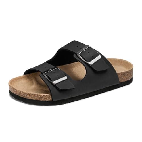 Image of FITORY Boys Girls Adjustable Glitter Slide Sandals Soft Cork Footbed Shoes with Shock Absorbing Insole for Little Kids/Big Kids Matte Black Size 13
