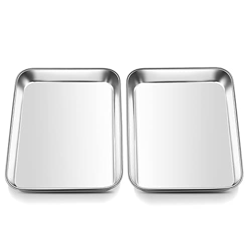 Image of Mini Oven Tray, Onader Stainless Steel Small Baking Trays Sheets Pan, Rectangle Cake Tin Perfect for Baking Cooking Serving, Healthy & Heavy Duty, Mirror Finished & Dishwasher Safe, 23.7x17.7x2.5cm