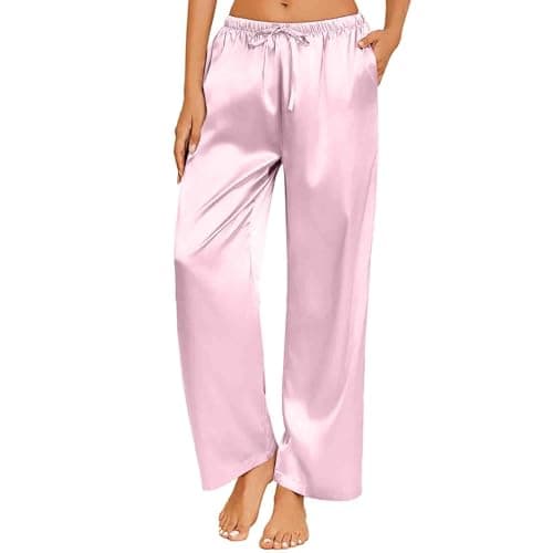 Image of Silk Pyjamas Bottoms for Women UK Sale Clearance,Ladies Lounge Pants Satin Silk Wide Leg Sleepwear Casual Loose Elastic Waist Pj Pants Nightwear Loungewear Pajamas Bottoms Trousers Pink