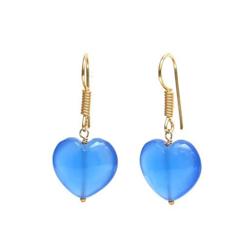 Image of Gempires Natural Blue Onyx Heart Drop Earrings for Women | Gold Plated Crystal Dangle Earrings | 15 mm Natural Gemstone Jewellery