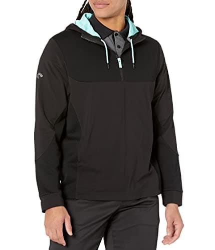 Image of Callaway 1/4 Zip Mixed Media Tech Hoodie Pullover Caviar XL, Caviar, XL