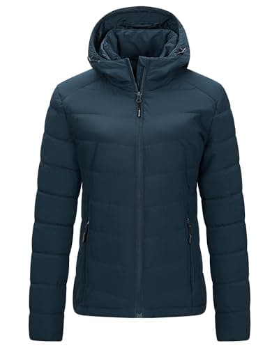Image of Outdoor Ventures Women's Winter Puffer Jacket Quilted Padded Coat Transitional Insulated Hooded Jackets Windproof Outerwear for Hiking Travel Skiing Deep Blue L