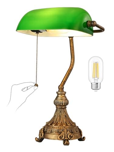 Image of Newrays Green Glass Bankers Desk Lamp for Office,Library with Pull Chain Switch Plug in Fixture, LED Bulb Included