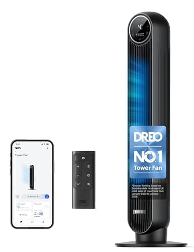 Image of DREO 20dB Smart Silent Tower Fan, 28 ft/s Velocity Electric Cooling Fan with Remote, 90° Oscillating 8 Speeds 4 Modes 8H Timer LED Display, DC Motor Quiet Standing Bladeless Floor Fans for Bedroom
