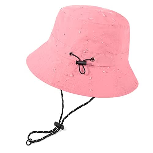 Image of heekpek Bucket Hats Women Mens Waterproof Rain Hats UV Protection Sun Hat Packable Summer Bucket Hats with Adjustable String for Camping Walking Hiking Golf Fishing 54-62CM, Pink, One Size