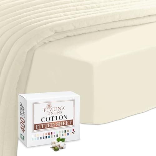 Image of Pizuna Pure Combed Cotton Queen Fitted Sheet 160x200 cm New Ivory, 400 Thread Count, Cool Luxury Soft 100% Long Staple Cotton Sateen Weave, 40cm Deep Pocket (1PC)
