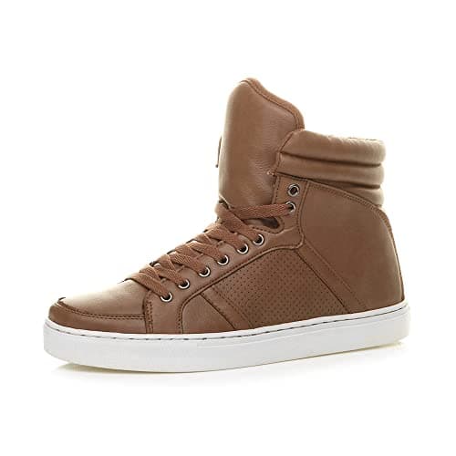 Image of Mens lace up Casual Flat hi high top Ankle Boots Trainers, Tan Brown, 9 UK