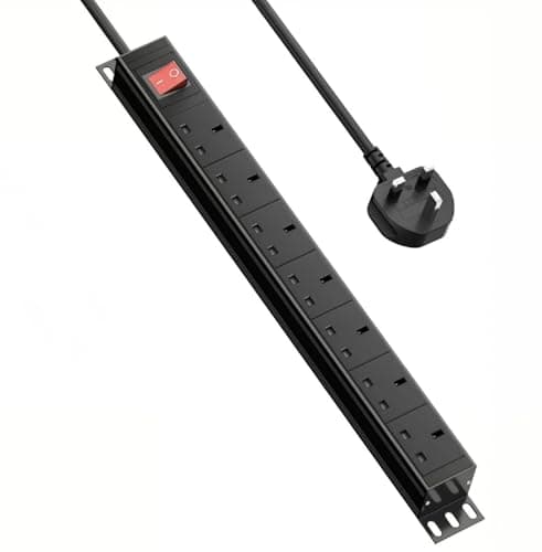 Image of 7 Way Power Strip with Switch, 13A 3250W Heavy Duty Extension Lead, Metal Housing PDU with Surge Protection & Adjustable 180° Mounting Bracket, Ideal for 19in Rack, Workshop, Office & Home Use