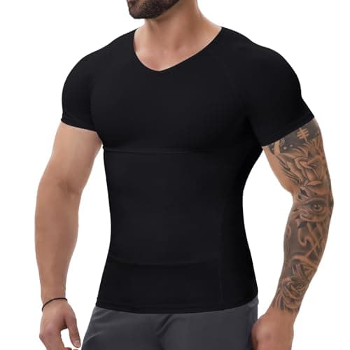 Image of SLIMBELLE Body Shaper for Men V-Neck Elastic Slimming Waist Trainer Tummy Control Compression Shirt Men Base Layer Undershirts Compression top Shapewear Black