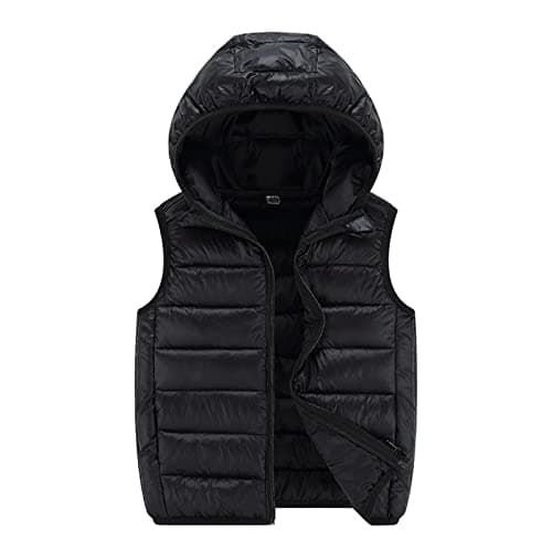 Image of Kids Gilet Boys Girls Hooded Waistcoat Lightweight Quilted Body Warmer Sleeveless Jacket Winter Warm Vest Solid Color Zip-Up Outwear for Toddler Children Teens Daily Ski Holiday (1-Black, 6-8 Years)