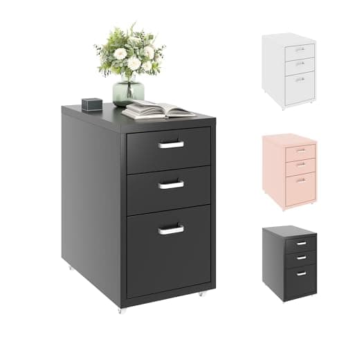 Image of FLEXISPOT Mobile File Cabinet with 3 Drawers, Rolling Filing Cabinet with Wheels,Under Desk Office Storage for Home & Office (Black)