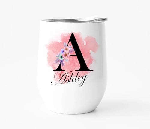 Image of EKAM Personalised Floral Tumbler Stylish Initial with Name - 12oz Stainless Steel Travel Mug, for Wine, Whisky, Coffee, Vodka Tumbler with Lid, Custom Gift for Christmas Day, Birthday, Any Occasion