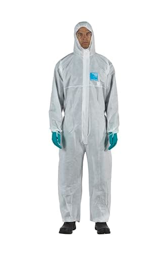 Image of Ansell AlphaTec 1500 Model 111, Disposable Work Overall with Hood, Chemical Protection Type 5/6, Water Repellent Coverall Suit, Industrial Safety Workwear, Men Women, White, Size M (1 Unit)