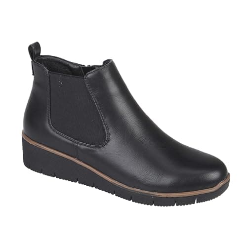 Image of Jo & Joe Ladies Croc Patent Chelsea Wedge Ankle Boot With Side Gusset, Inside Zip For Ease Of Wear & Warm Fur Lining. Sizes 4-8 (Black Matt, UK Footwear Size System, Adult, Women, Numeric, Medium, 6)