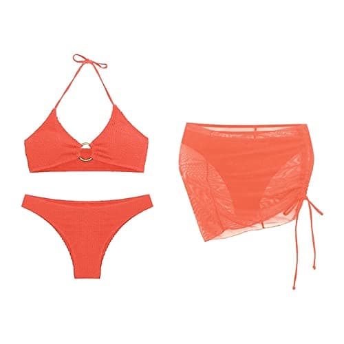 Image of Women's 3 Piece Swimsuits Halter Bikini Set with Cover Up Skirt, orange, M