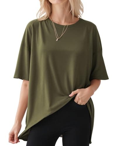 Image of ALGALAROUND T-Shirts for Women Oversize Crew Neck Short Sleeve Oversized T-Shirts Loose Fit Summer Basic Casual Womens Tops for Ladies Going Out Army Green L
