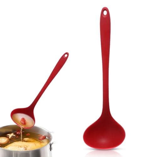 Image of Silicone Soup Ladle, 11.2in Silicone Cooking Ladle Heat Resistant Soup Ladle Soup Serving Spoon Non Stick Ladle Spoon for Cooking(Red)