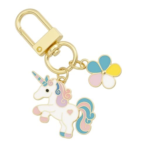 Image of DONWOIE Unicorn Keyring – Rainbow Keychain Bag Charms for Women with Colourful Mane, Horn & Love Hearts, Cute Key Rings Gifts for Fantasy Lovers