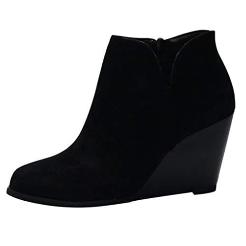 Image of SoonerQuicker Chelsea Boots Women High Heels Wedges Suede Leather Ankle Boots Ladies Boots Zipper Fashion Booties (6 UK, Black)