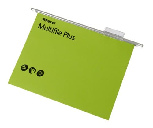 Image of Rexel A4 Suspension Files with Tabs and Inserts for Filing Cabinets, 15 mm V-base, 100 Percent Recycled Manilla, Green, Multifile Plus, Pack of 20, 92809